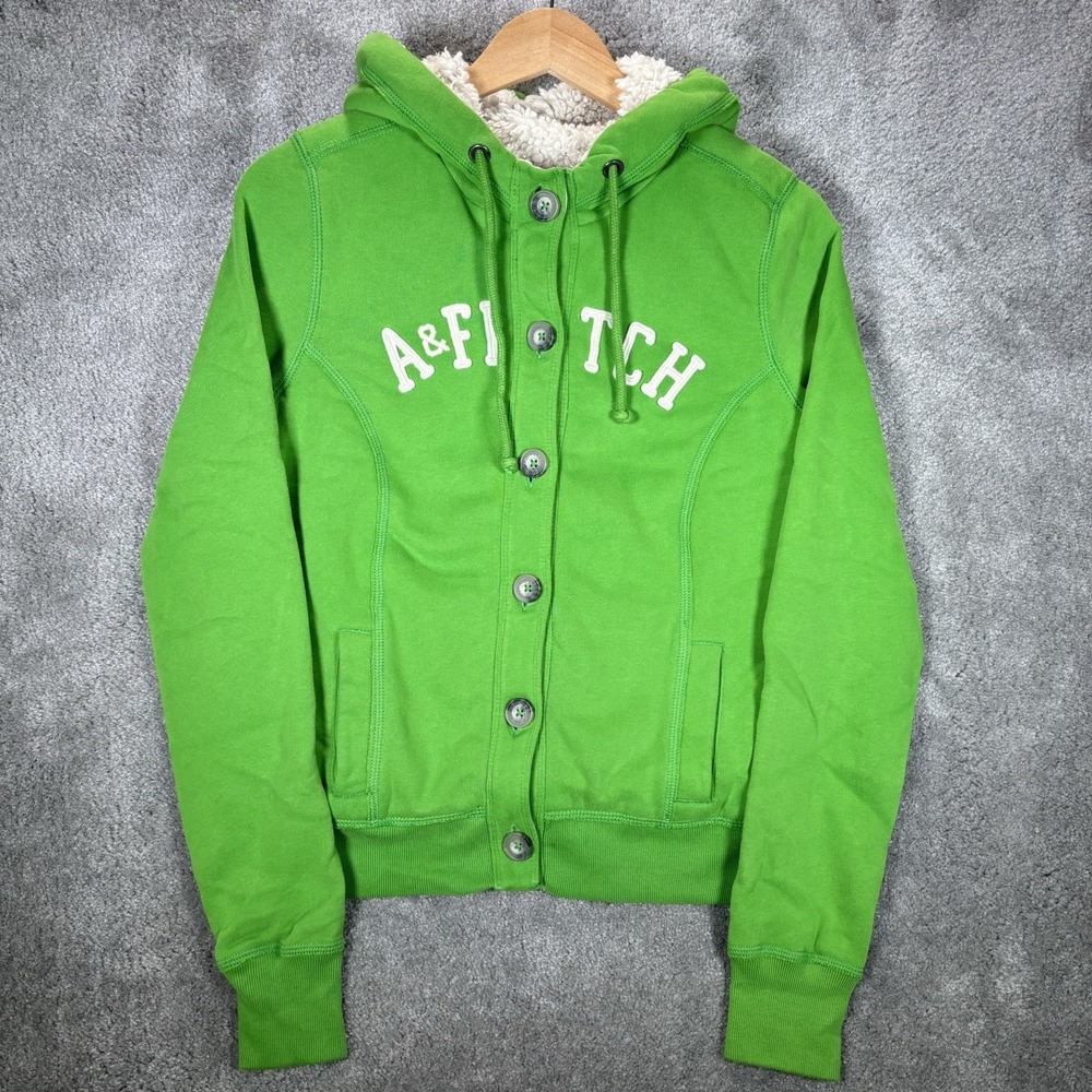 Vintage Abercrombie & Fitch Hoodie Jacket Womens L Green Sherpa Lined Button Y2K